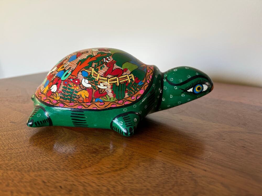 Vintage Mexican Talavera Turtle Figurine Hand Painted Green Pottery
